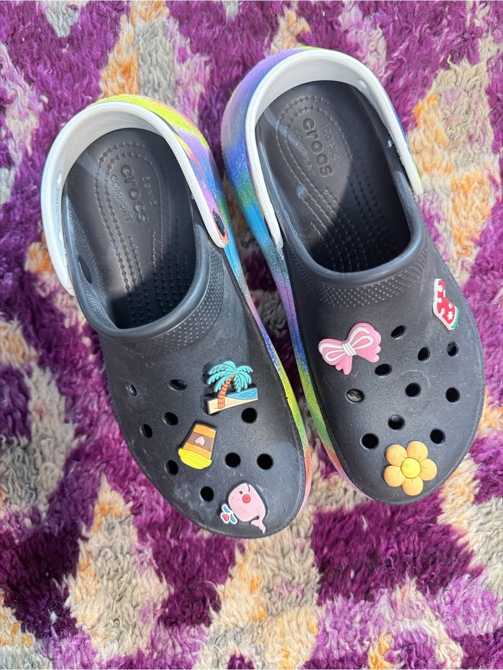 CROCS size (6-8) I’m a real size 7 Black Clog with Tie-Dye Sides and Fun Charms